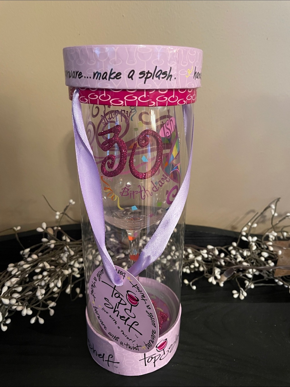 NEW!! Top Shelf Pink 30ish Birthday Glitter Wine Glass with Glitter Accents